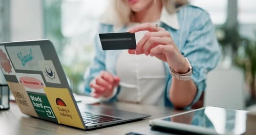 Woman, laptop and credit card for online shopping, ecommerce and virtual store