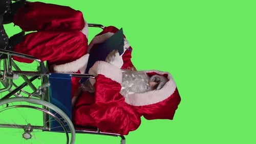 Vertical Video Side View of Paralyzed Santa Character on Greenscreen