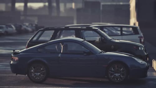 Classic Sports Car Parked Beside an SUV in an Urban Area During Sunset
