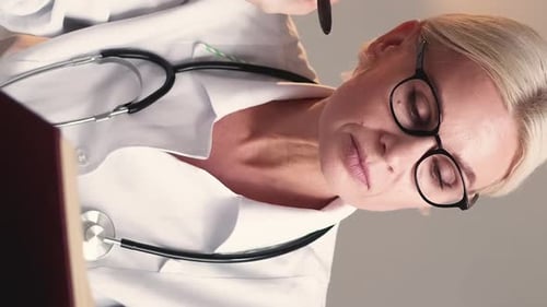 Adult Doctor Reads Patient Chart, Close Up