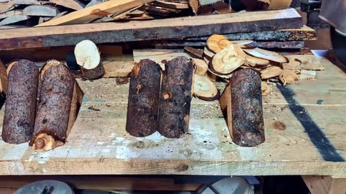 Morceaux de grumes à la scierie. Prise de vue à angle élevé