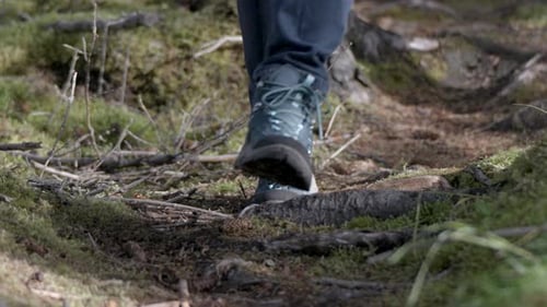 Slow motion of a person walking carefully with hiking shoes on forest pathway in the forest.