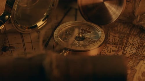 Vintage Compass, Map and Magnifier