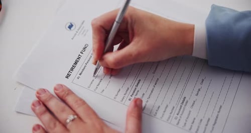 Person, hands and writing on law agreement document for retirement fund
