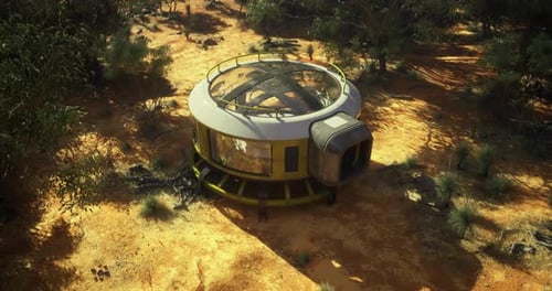 Modular Futuristic Habitat in a Remote Desert Landscape Under Bright Sunlight