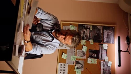 Vertical Video Closeup of Detective's Office Middleaged Investigator in Shirt and Tie Sitting at