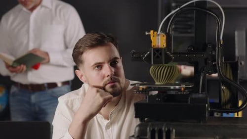 A Concentrated Young Guy Mechanical Engineer with Interest Observes the Working Process of 3d