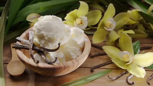 Ball of vanilla ice cream a bowl and orchid flowers at the background.