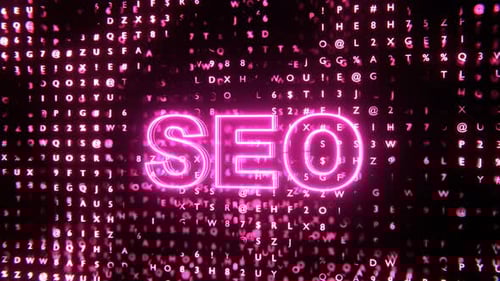 Neon SEO Text Reveal on Futuristic Digital Code Grid