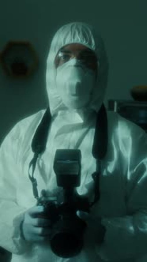 Portrait of Forensic Photographer in Protective Suit with Camera at Crime Scene