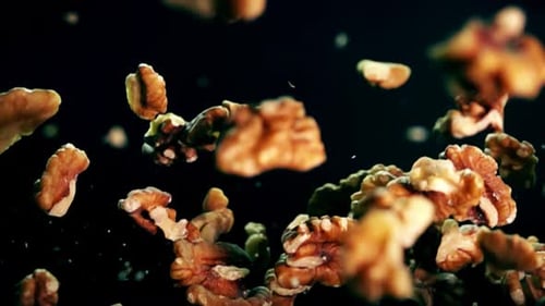 Slow Motion Walnut Pieces Falling Against Dark Background
