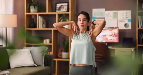 Fitness, woman and stretching in home office for health, body wellness or training preparation