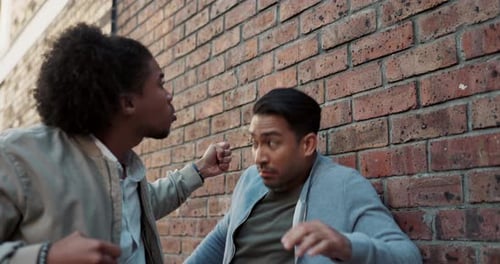 City, angry and men in street fight with conflict, battle and disagreement with danger