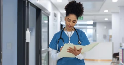 Nurse, writing and document in hospital for insurance, healthcare and compliance report with patient