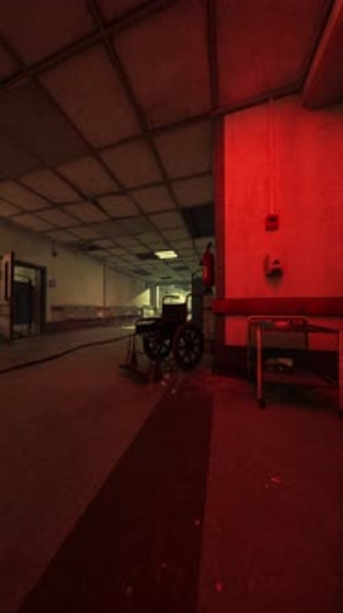 Haunting Hallway of an Abandoned Hospital with Eerie Red Lighting