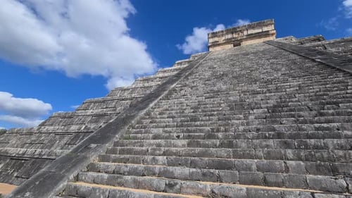 Chichen Itza Mexico Main Pyramidal Mayan Temple, Wide Angle View on Sunny Day