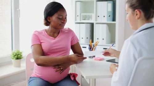 Pregnant Woman Talking with Doctor at Hospital Office