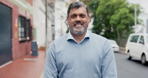 Business man, mature portrait and outdoor with smile and happy from professional job in city