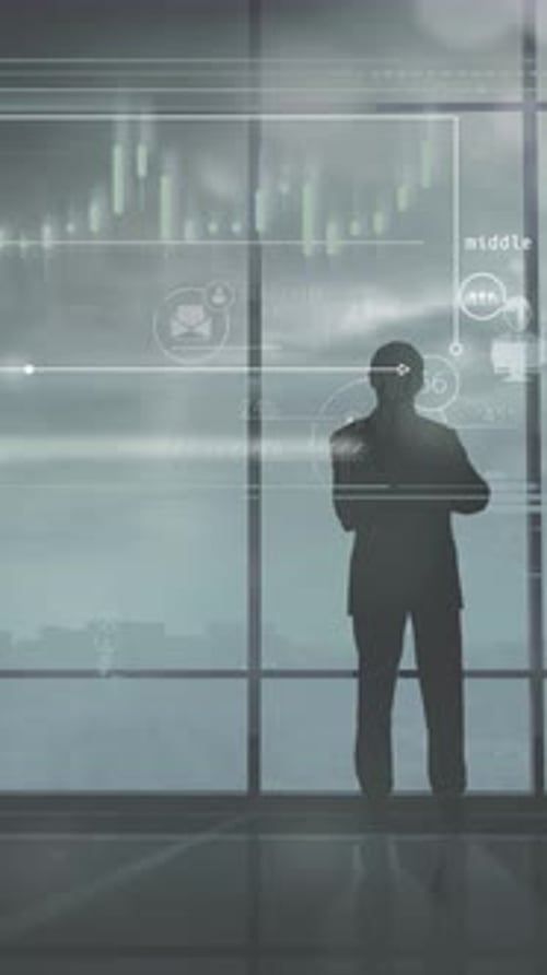 Silhouette of a Businessman in the Office and Stock Quotes Infographics