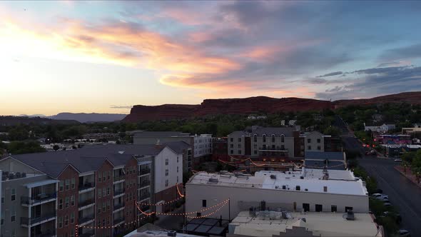 Aerial footage of downtown St. George, Utah, at sunset. The shot ...
