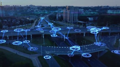 Futuristic Data Network Animation Over Smart City Highway Infrastructure