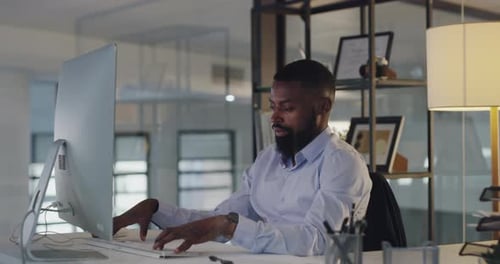 Businessman, computer and typing in office in frustration for network glitch