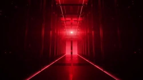 Camera slowly moving along the corridor in data center when red light suddenly lights up