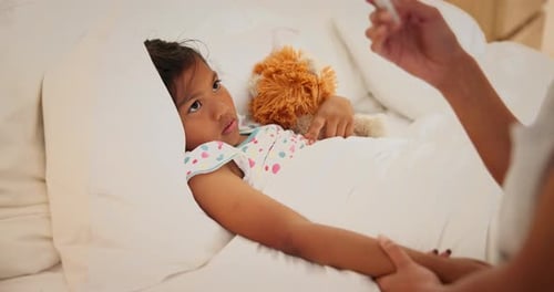Bedroom, fever and mother with girl, thermometer and temperature with disease and recovery