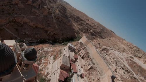FPV Mar Saba Greek Orthodox Monastery in Israel Judaean Desert, Aerial view