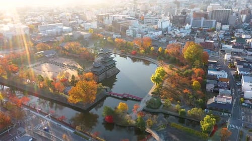 Aerial Footage Autumn of Matsumoto Castle in Nagano City,Japan