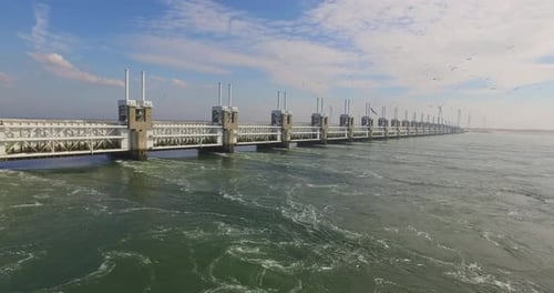 Aerial: The famous storm surge barrier in the south west of the Netherlands.