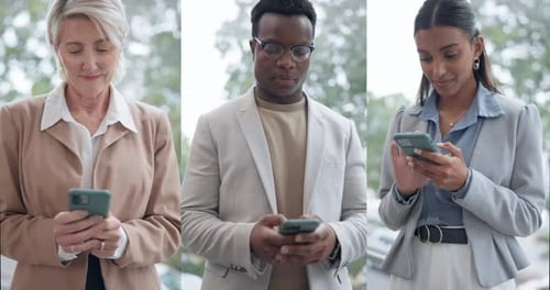 Collage, business people and phone with texting, contact or communication for networking