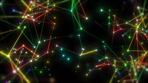 Glowing Multicolor Plexus Network Connection Moving On Black Background. Digital Technology Network