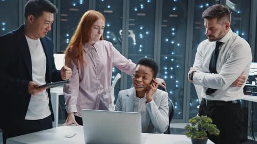 Cooperative Data Center Staff African American Customer Support Manager Sharing Great News in Team