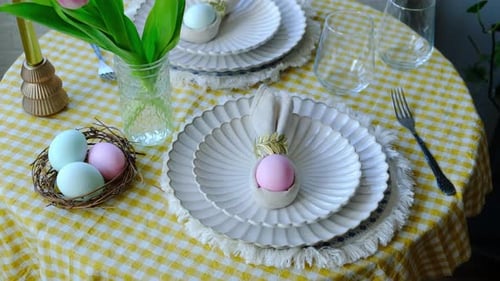 Easter Table Setting with Tulips and Easter Eggs