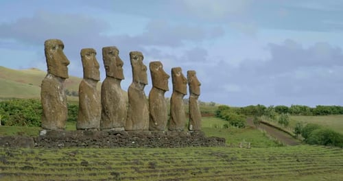 Famous Easter Island statues, wide.