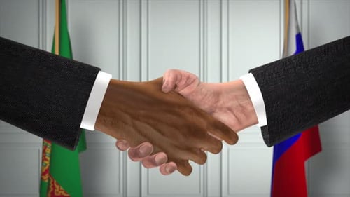 Professional Handshake with Turkmenistan and Russia Flags