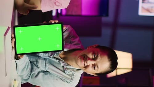 Cute Daughter Filming Internet Show Helped By Her Parent Promoting Green Screen Tablet