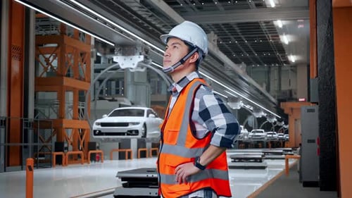 Vue latérale d'un ingénieur asiatique regardant autour de lui avec des bras Akimbo dans une usine de voitures électriques