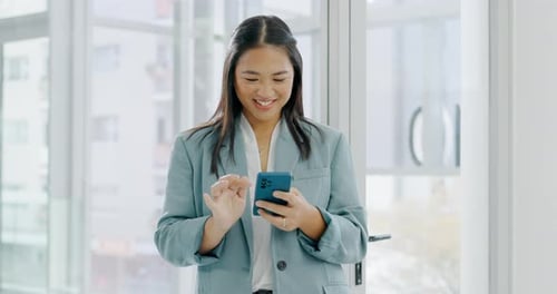 Happy woman with phone, smile in office and scroll on social media meme