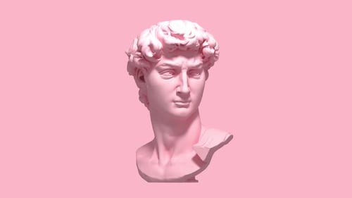 Stylized green sculpture of a male head on pink background