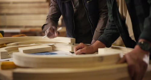Wood, carpenter and creative planning design in workshop for furniture, manufacturing