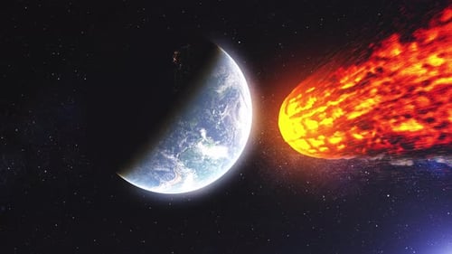 Fiery Asteroid Approaching Planet Earth in Space