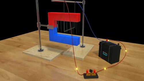 Physics demonstration showing magnetic force on electric current