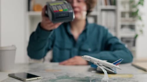 Operator, Professional Consultant Calmly Gives Payment Terminal For Online Payment By Card