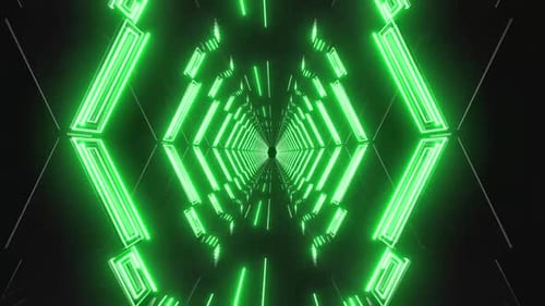 Dynamic neon green light tunnel with futuristic geometric design and energy
