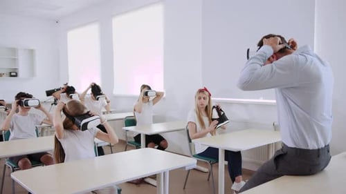 Students Learning with VR Headsets in Classroom