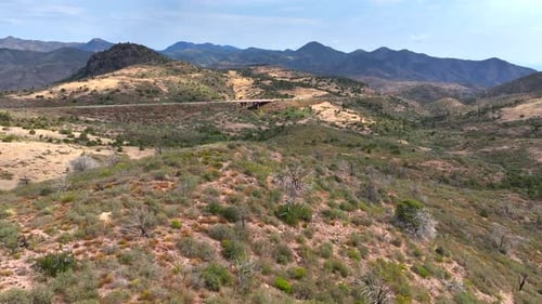 Aerial view of bridge and mountains, United States.