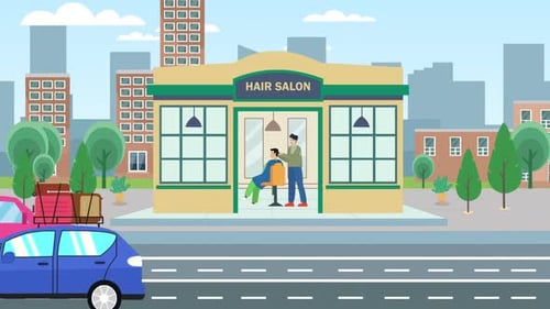 Animation der Außenansicht des Friseursalons mit Friseurschnitt