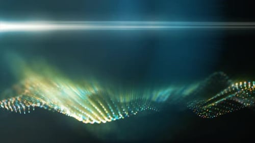 A green, glowing particle wave forms a dynamic curve, suggesting energy, sound, or data